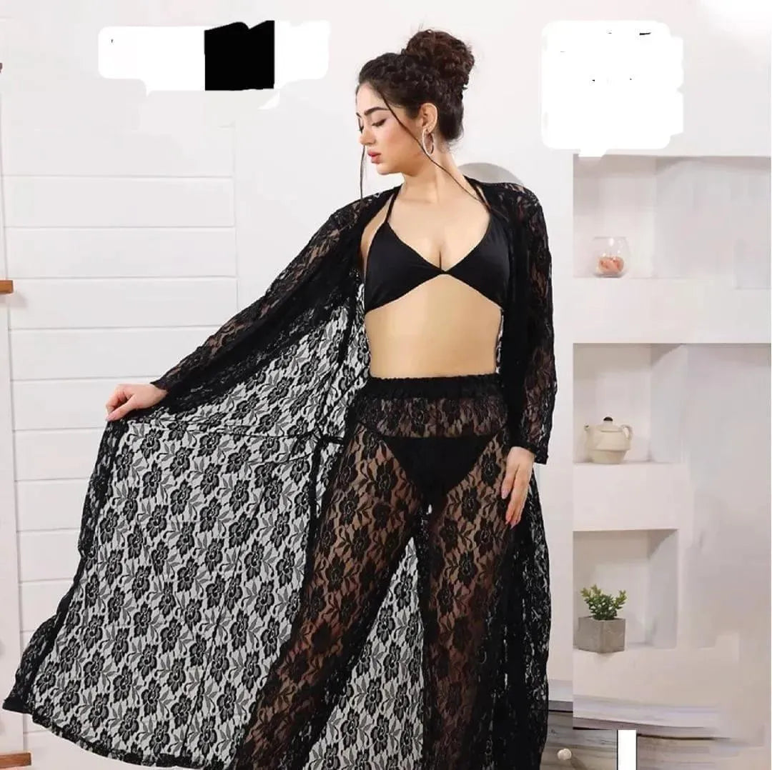 💖 4 Pcs Women’s Stitched Silk Lace-Work Night Gown Set 💖