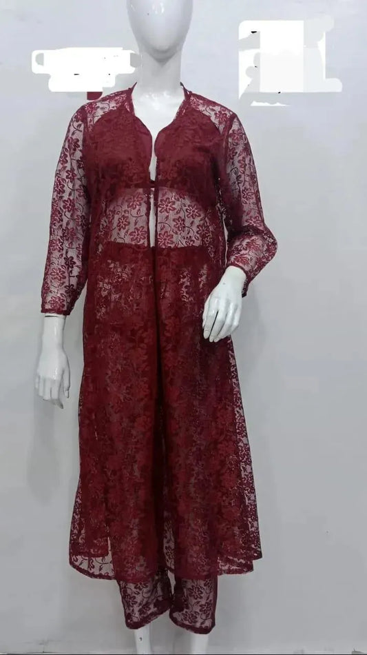 💖 4 Pcs Women’s Stitched Silk Lace-Work Night Gown Set 💖